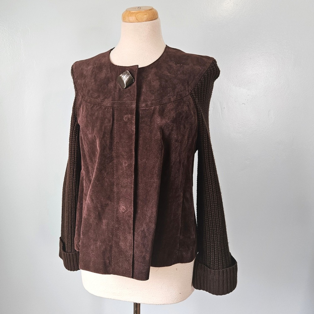 AMI Brown Leather Suede Mixed Media Ribbed Knit Jacket Cardigan‎ Large Y2K 00s